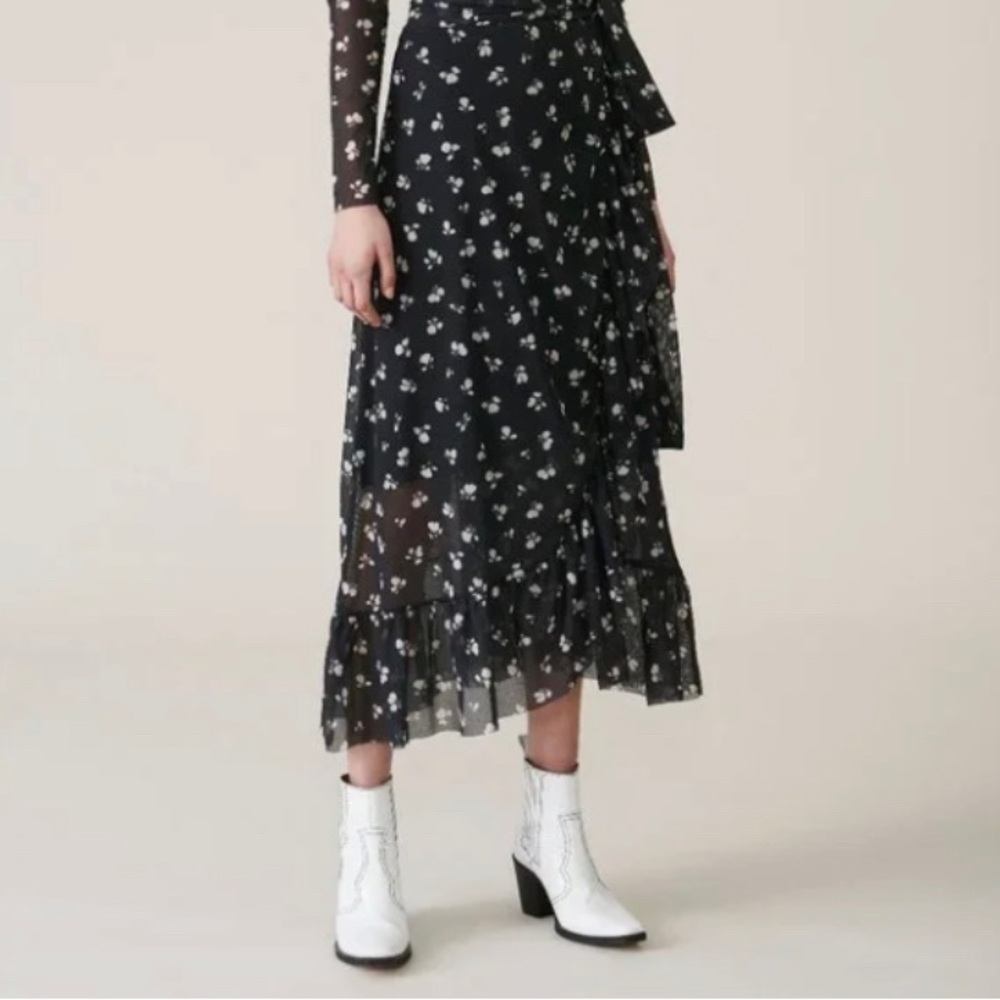 Ganni Tilden Black floral wrap skirt